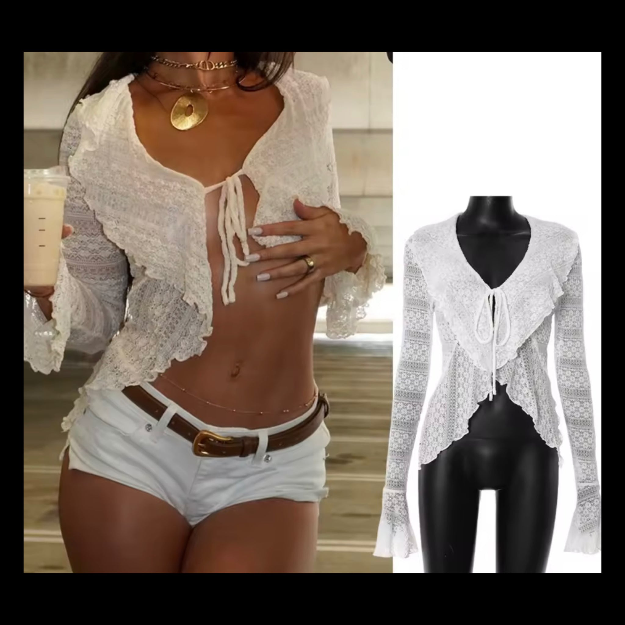 Women White Ruffled Mesh Full Sleeve Top