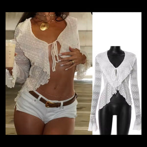 Women White Ruffled Mesh Full Sleeve Top