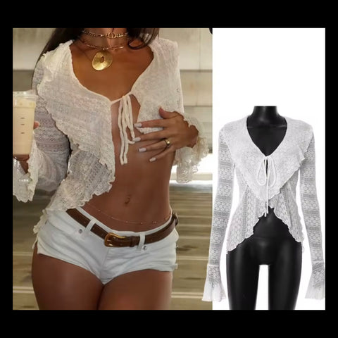 Women White Ruffled Mesh Full Sleeve Top