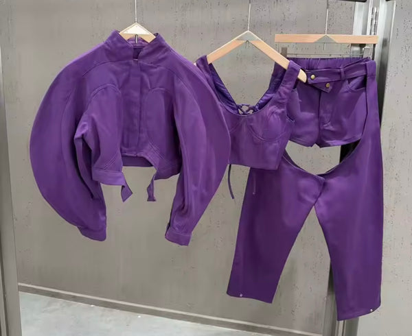 Women Fashion Purple Three Piece Cut Out Capri Pant Set