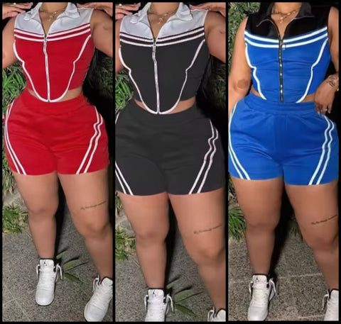 Women Fashion Zip Up Sleeveless Striped Two Piece Short Set