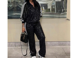 Women Fashion Sequins Striped Two Piece Tracksuit Pant Set