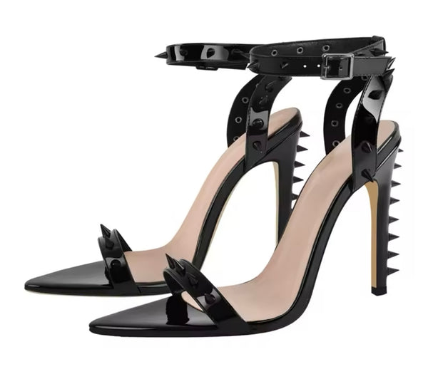 Women Fashion Black Spiked High Heel Ankle Strap Sandals