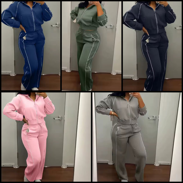Women Fashion Striped Zip Up Tracksuit Two Piece Pant Set