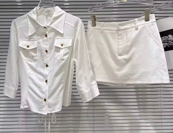 Women Fashion Collar Button Up Two Piece Skirt Set