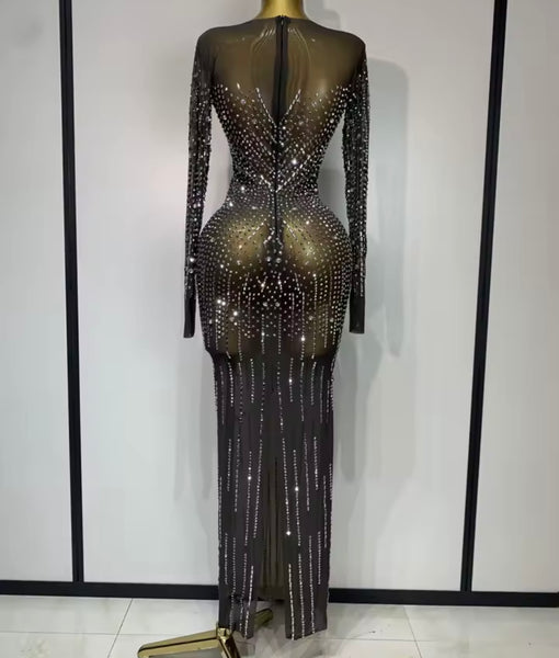 Women Sexy Black Rhinestone Full Sleeve Mesh Maxi Dress