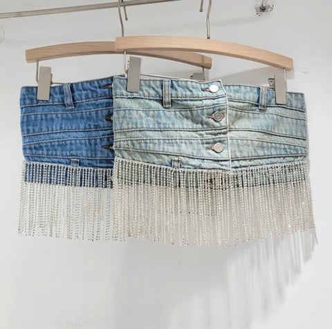 Women Fashion Button Up Strapless Tassel Denim Crop Top