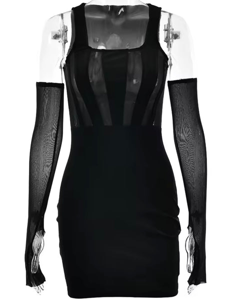 Women Sexy Black Velour Mesh Patchwork Glove Dress