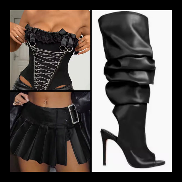 Women Open Toe Ruffle Faux Leather High Heel Fashion Boots