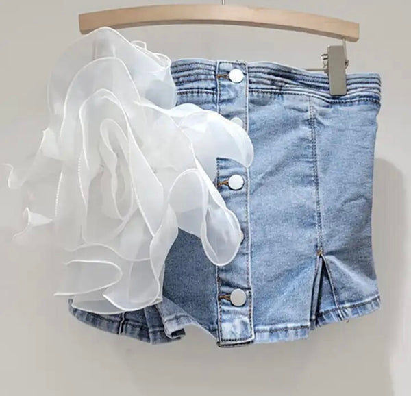 Women Fashion Button Up Strapless Denim Floral Crop Top