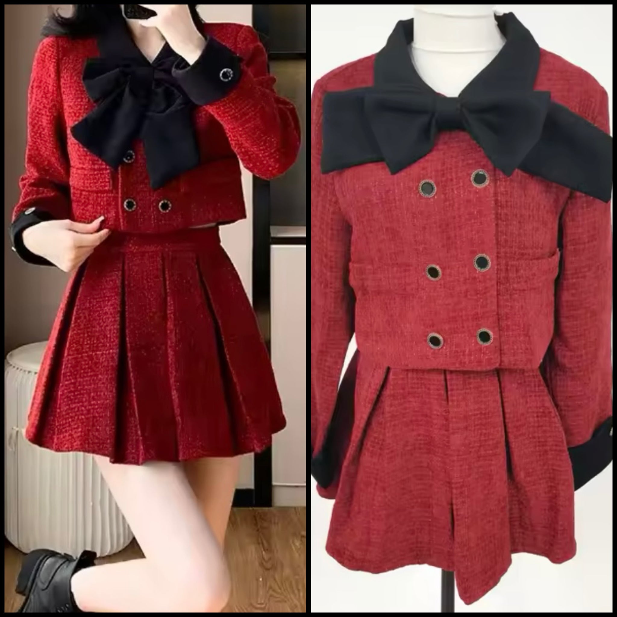 Women Red Bow Button Up Full Sleeve Two Piece Pleated Skirt Set