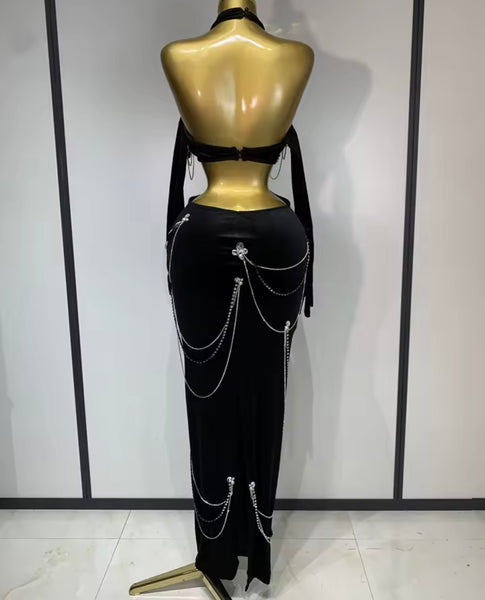 Women Black Sexy Chain Cut Out Open Back Velour Maxi Dress