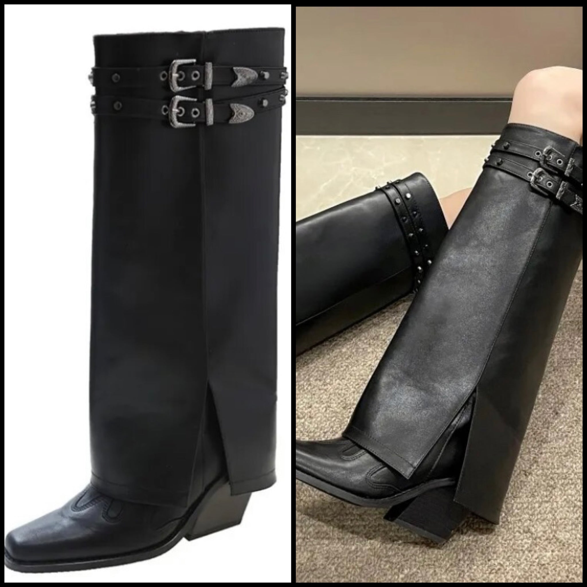 Women Knee High Buckled Black Fashion Boots