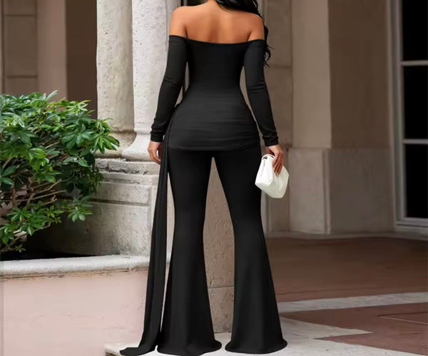 Women Off The Shoulder Full Sleeve Tassel Two Piece Pant Set