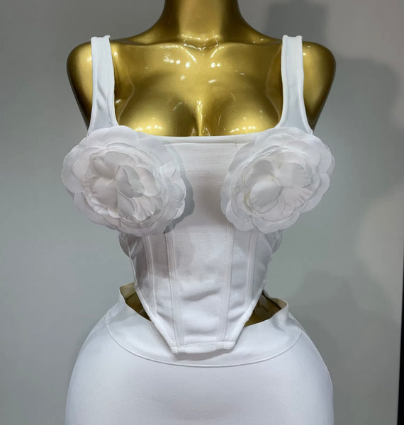 Women White Sleeveless 3D Floral Sexy Bandage Two Piece Skirt Set