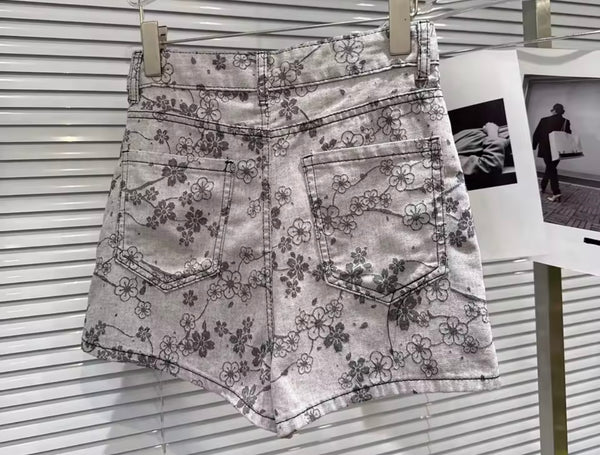 Women Rhinestone Strapless Floral Denim Two Piece Wrap Short Set