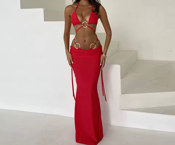 Women Sexy Halter Metal Bikini Cover Up Set