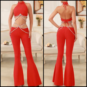 Women Red Rhinestone Sexy Sleeveless Two Piece Pant Set