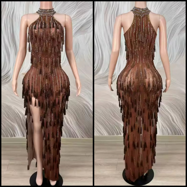 Women Sexy Brown Rhinestone Tassel Mesh Maxi Dress