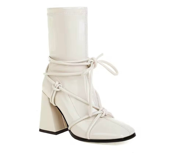 Women Fashion Color Patent Leather Lace Up Ankle Boots