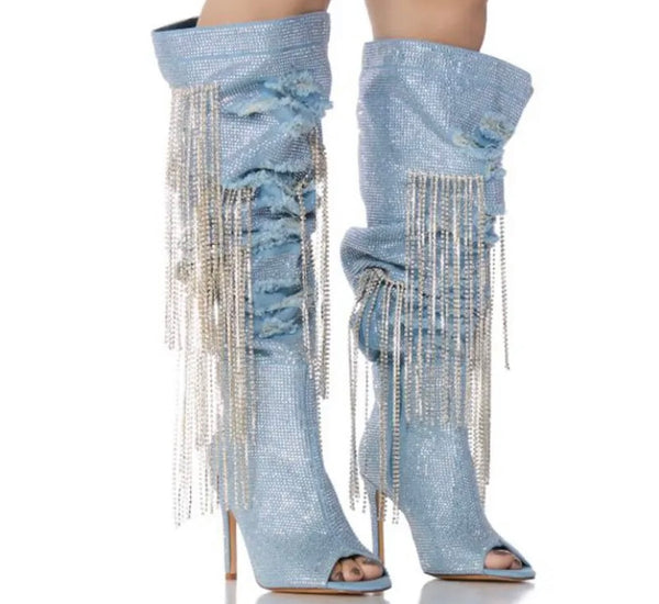 Women Fashion Open Toe Bling Tassel Denim Over The Knee Boots