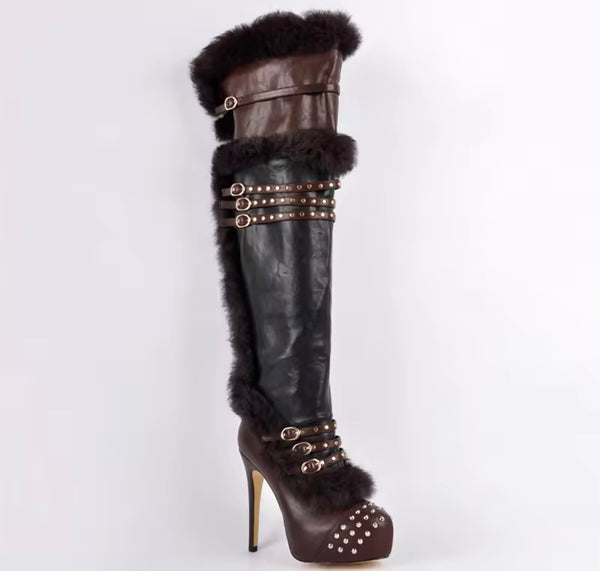 Women Fashion Fur Rivet Buckled Color Patchwork Knee High Boots