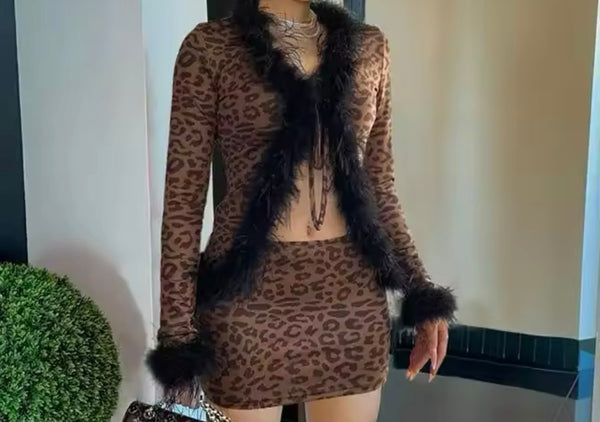Women Sexy Fur Patchwork Leopard Two Piece Skirt Set