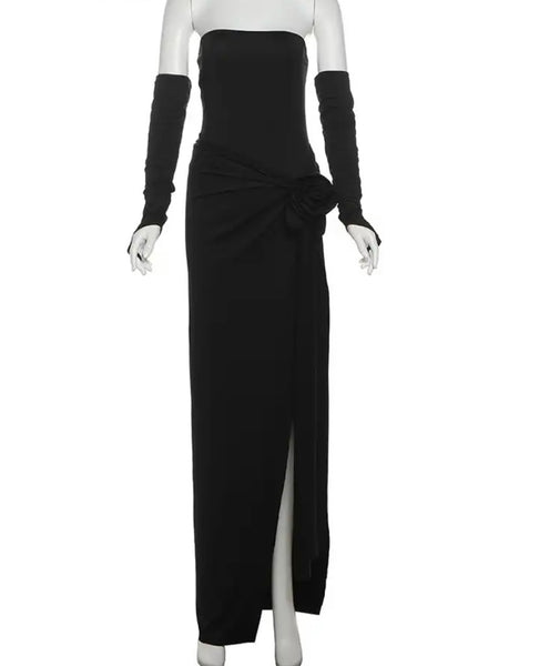 Women Sexy Strapless Bodysuit Glove Three Piece Maxi Skirt Set