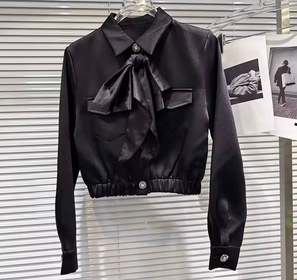 Women Black Fashion Bow Button Full Sleeve Two Piece Wrap Short Set