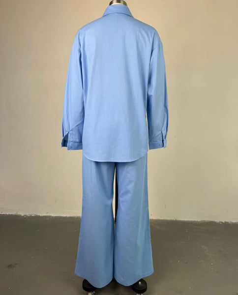 Women Button Up Full Sleeve Beaded Bling Two Piece Pant Set