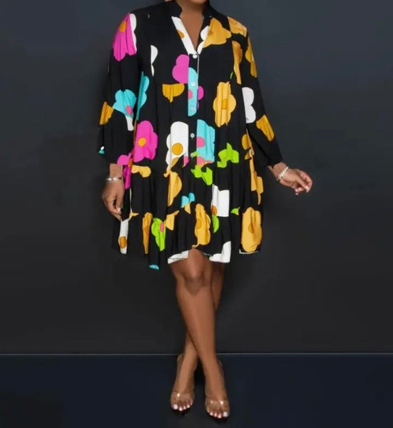 Women Button Up Floral Print Sexy Ruffled Dress