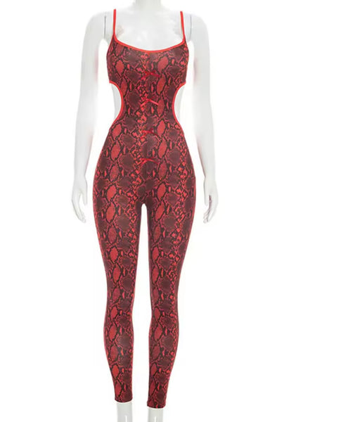 Women Sexy Sleeveless Cut Out Back Red Animal Print Jumpsuit