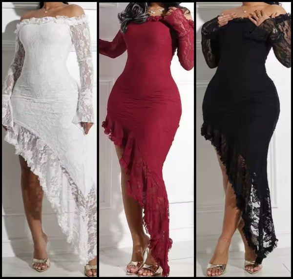 Women Off The Shoulder Full Sleeve Lace Asymmetrical Dress
