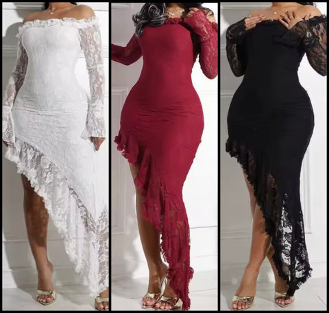 Women Off The Shoulder Full Sleeve Lace Asymmetrical Dress