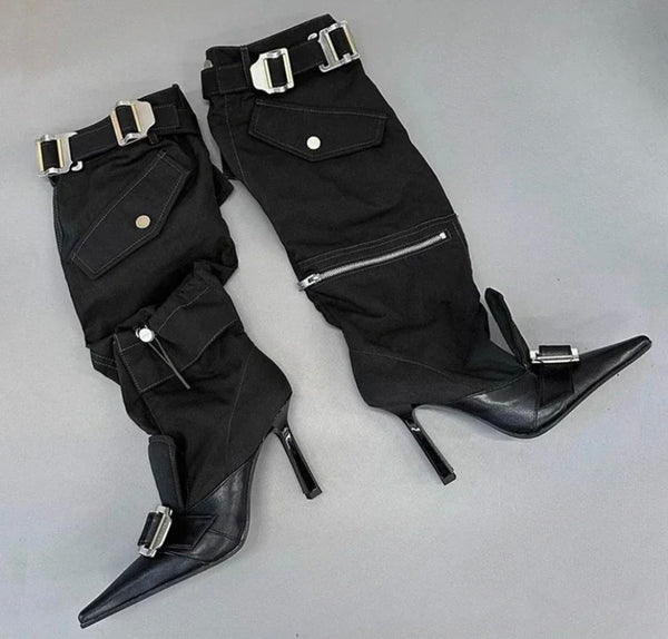 Women Fashion Pointed Toe Buckled Pocket Zipper Knee High Boots