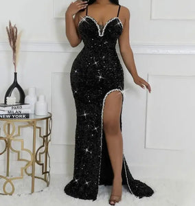 Women Sleeveless Sexy Sequins Rhinestone Patchwork Maxi Dress