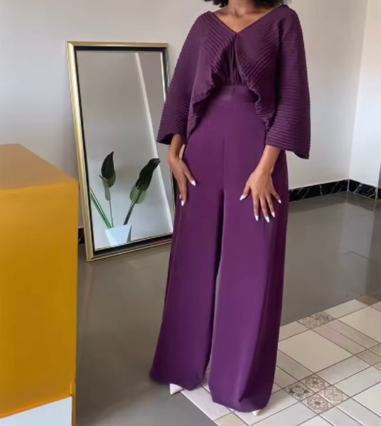 Women Solid Color Pleated Two Piece Fashion Pant Set