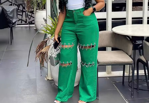Women Green Cut Out Chain Fashion Denim Pants
