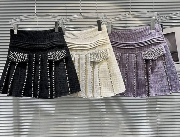 Women Fashion Rhinestone Tweed Pleated Skirt