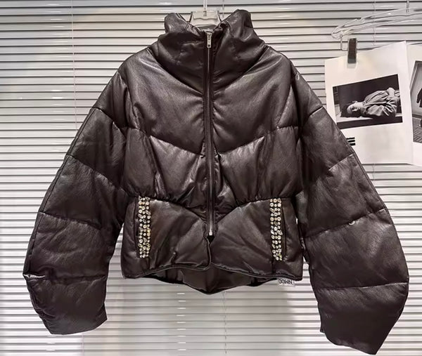 Women Fashion Rhinestone Pocket Puff Jacket
