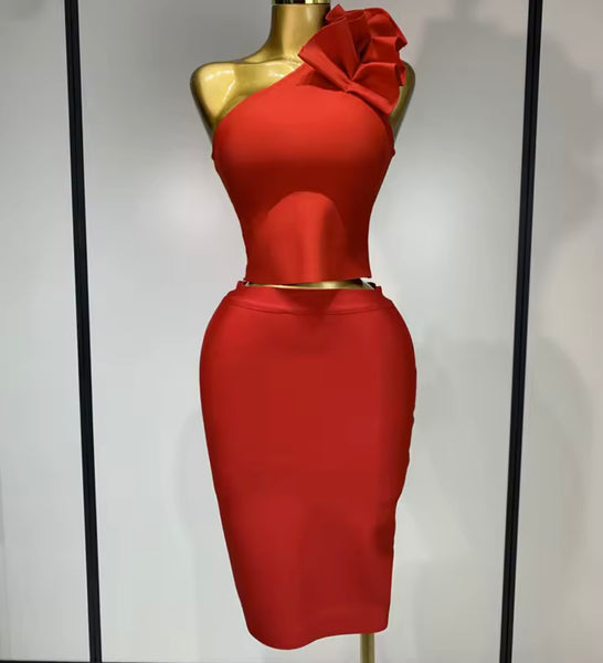 Women Sexy Ruffled One Shoulder Sleeveless Two Piece Skirt Set