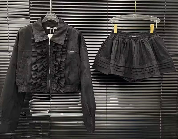 Women Fashion Ruffled Lace Jacket Two Piece Skirt Set