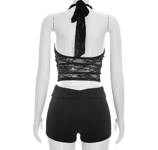 Women Sexy Halter Sleeveless Lace Patchwork Two Piece Short Set