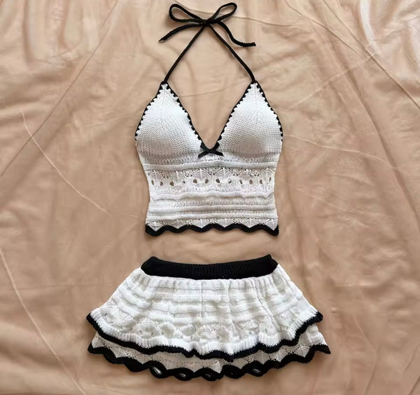 Women Sexy Halter Sleeveless B&W Knitted Two Piece Skirt Set