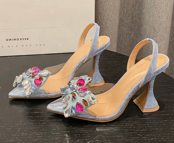 Women Fashion Crystal Bow Denim High Heels