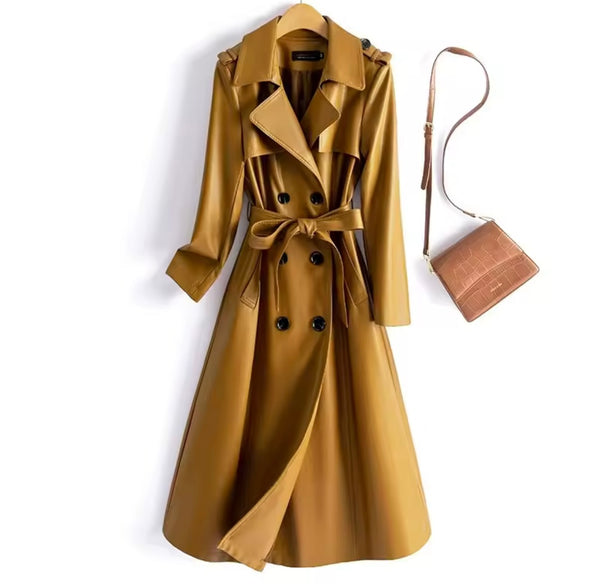 Women Color Fashion Faux Leather Trench Jacket