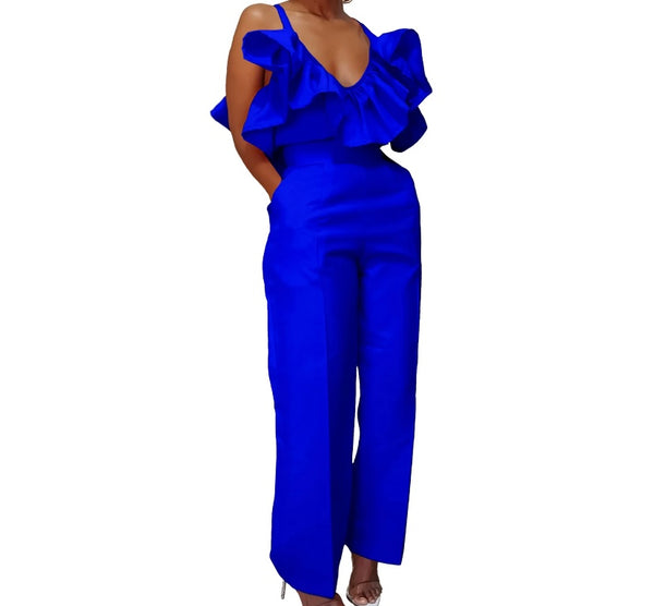 Women Sexy Sleeveless Ruffled Solid Color Two Piece Pant Set