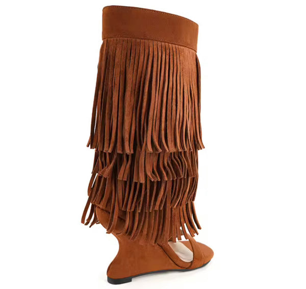 Women Fashion Suede Fringe Tassel Open Toe Wedge Boots