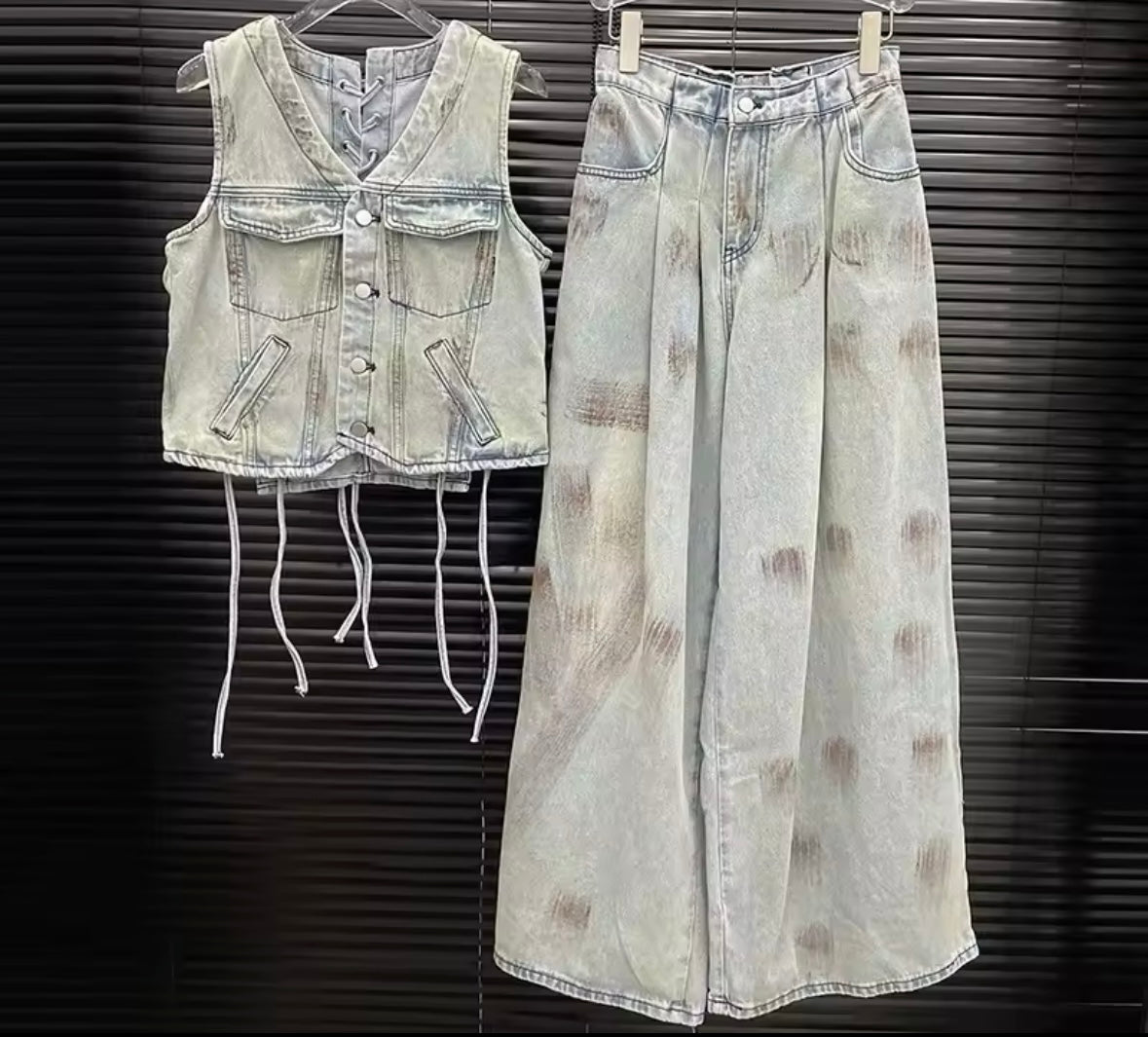 Women Fashion Sleeveless Vintage Vest Two Piece Denim Pant Set