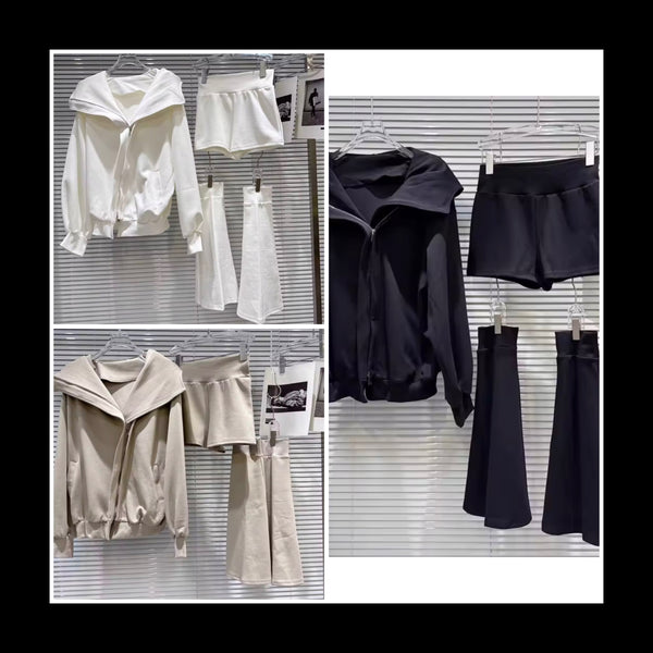 Women Fashion Hooded Zip Up Three Piece Pant Set